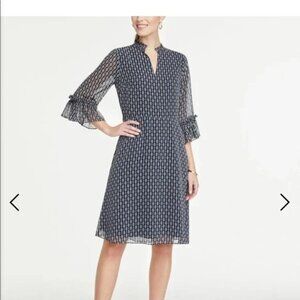 Ann Taylor Factory Ruffle Flare 3/4 Sleeve Dress Navy Chain Nautical Size 6